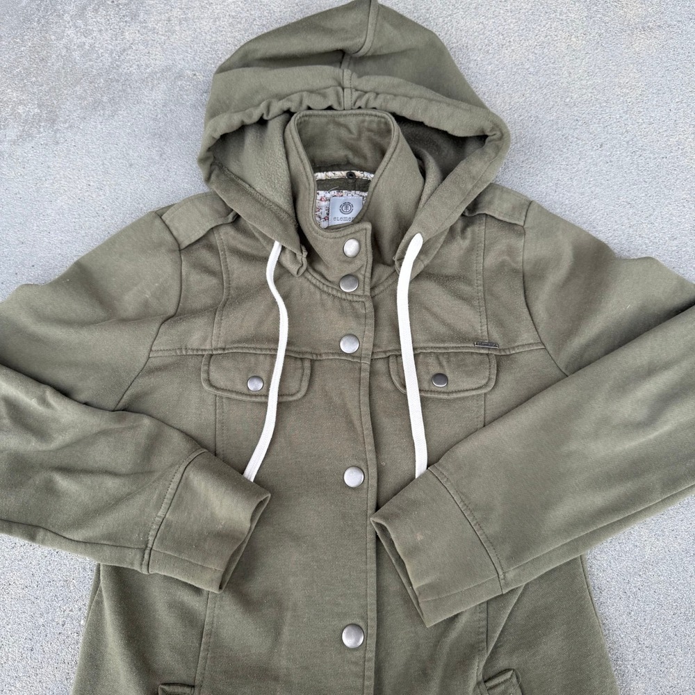 Element Women Olive Green Hooded Snap Front Utility Field Jacket Medium